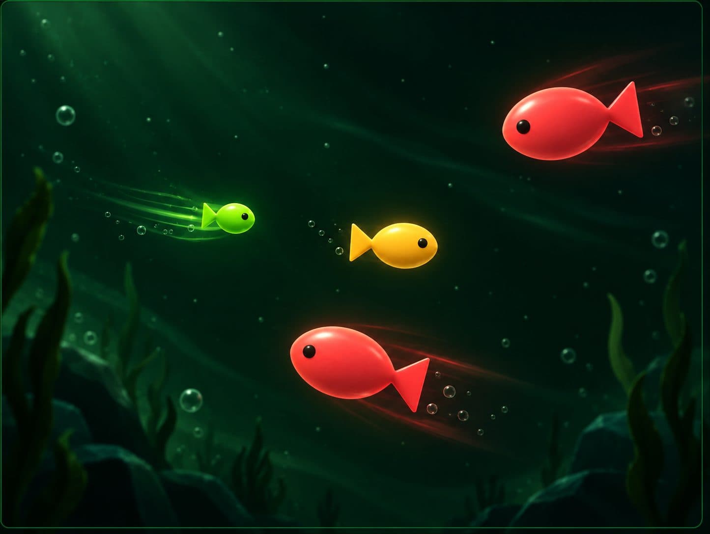 A glowing golden fish swimming through an underwater scene