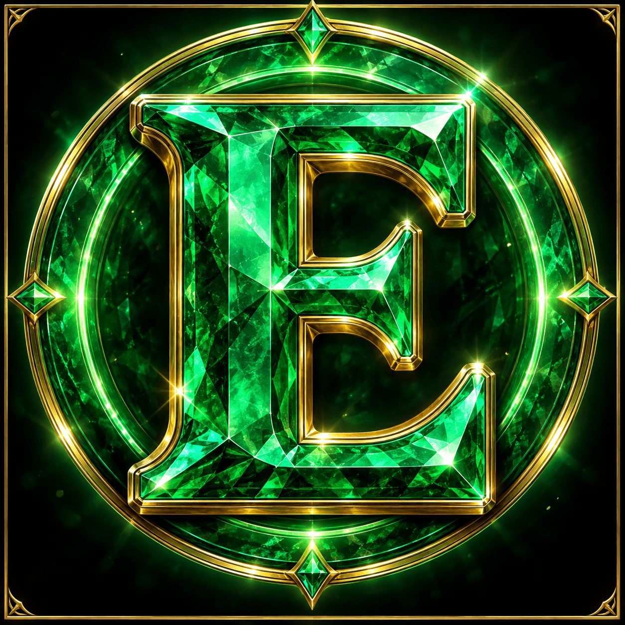 Original illustration: a single dimensional emerald letter E within concentric luminous green rings