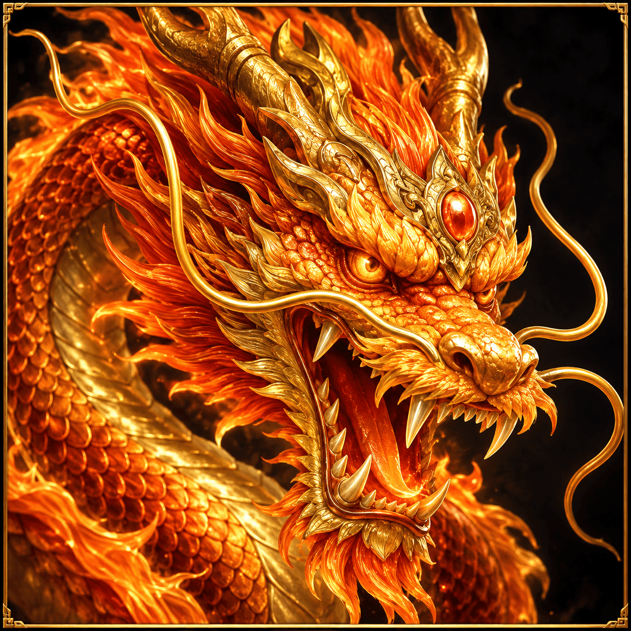 Original illustration: fierce ornate orange and gold dragon head with fiery scales