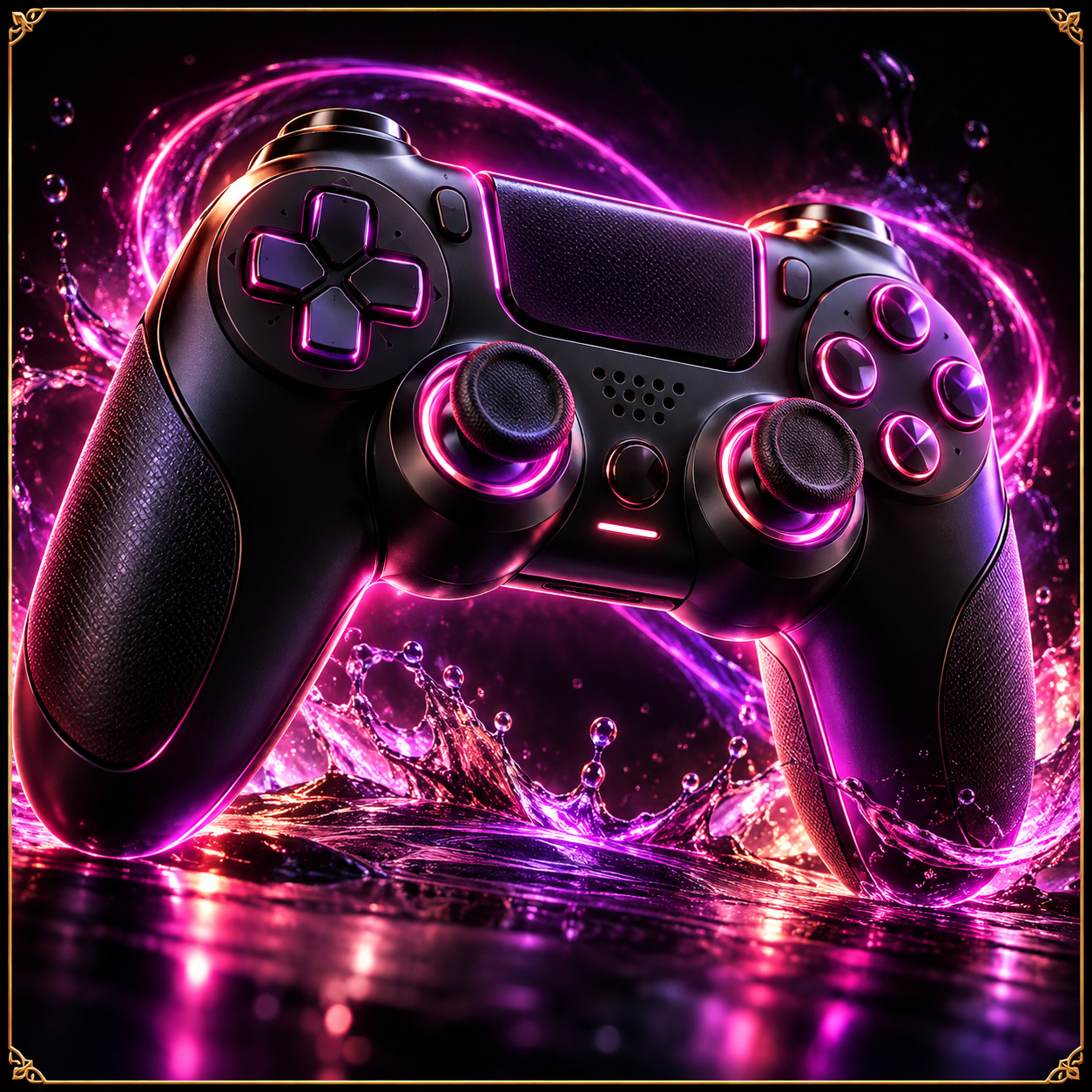 Original illustration: black modern game controller surrounded by pink purple neon light