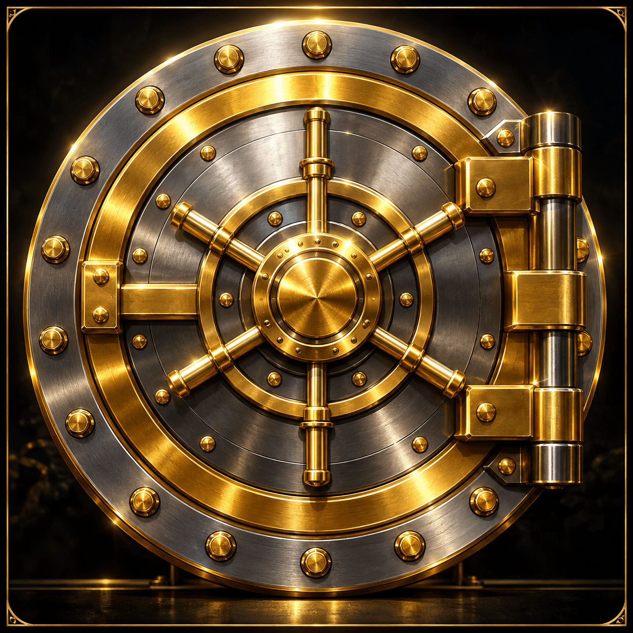 Original illustration: circular steel and gold bank vault door, precision bolts