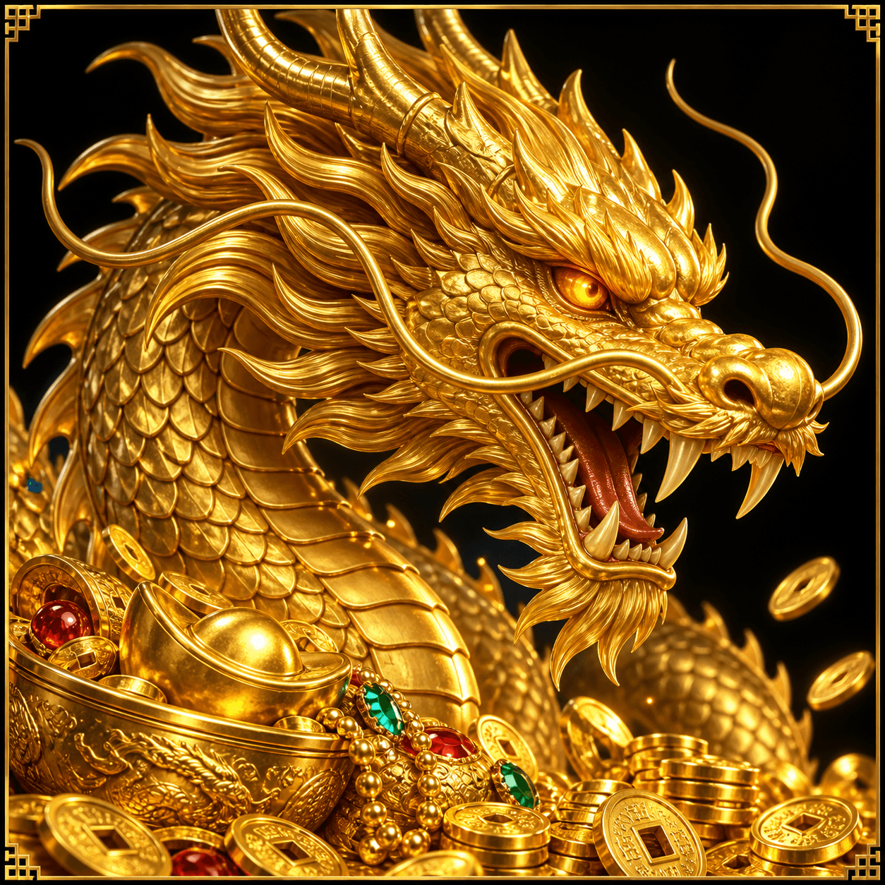 Original illustration: regal golden dragon head with treasure coins on black