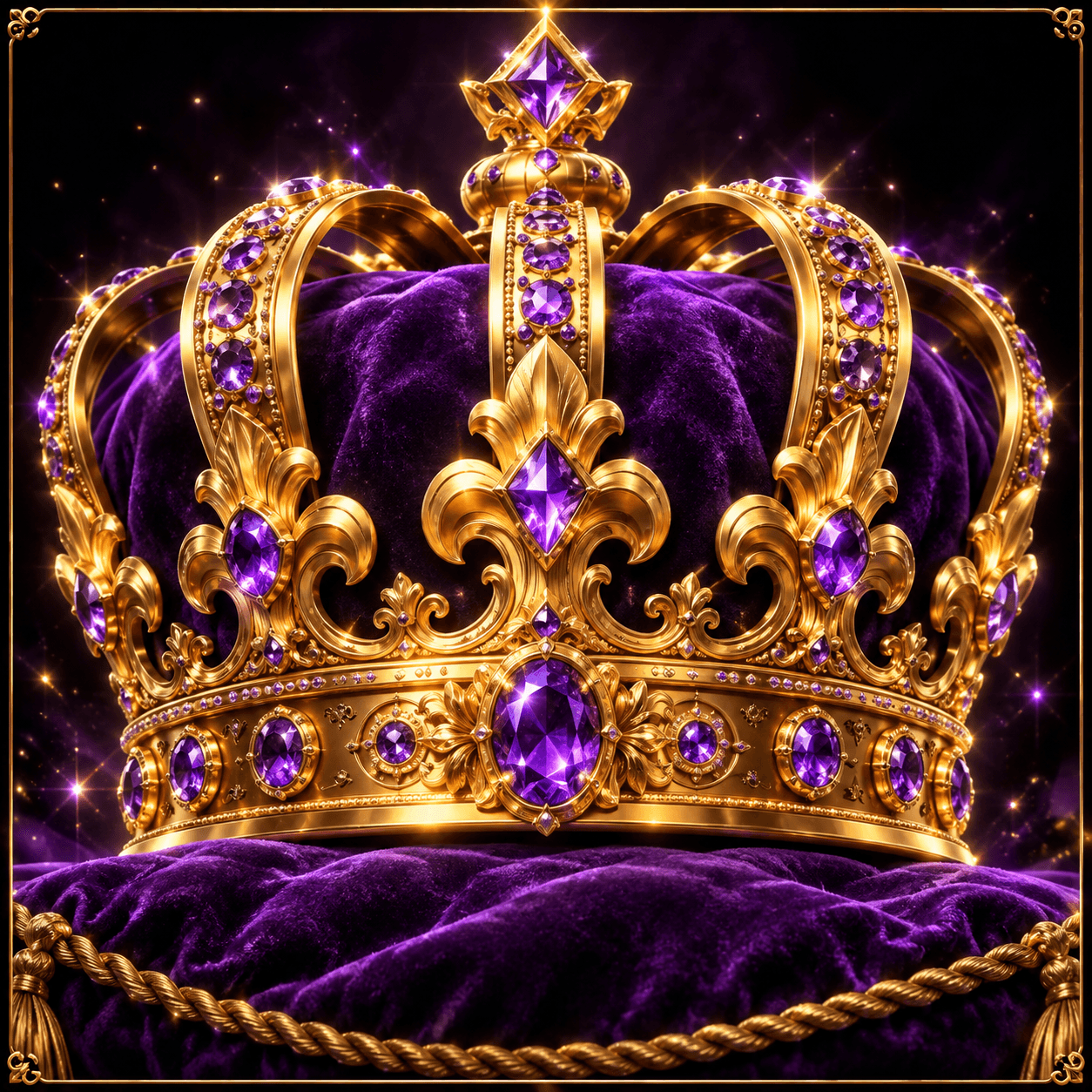 Original illustration: ornate gold royal crown with violet gemstones, purple velvet and sparks