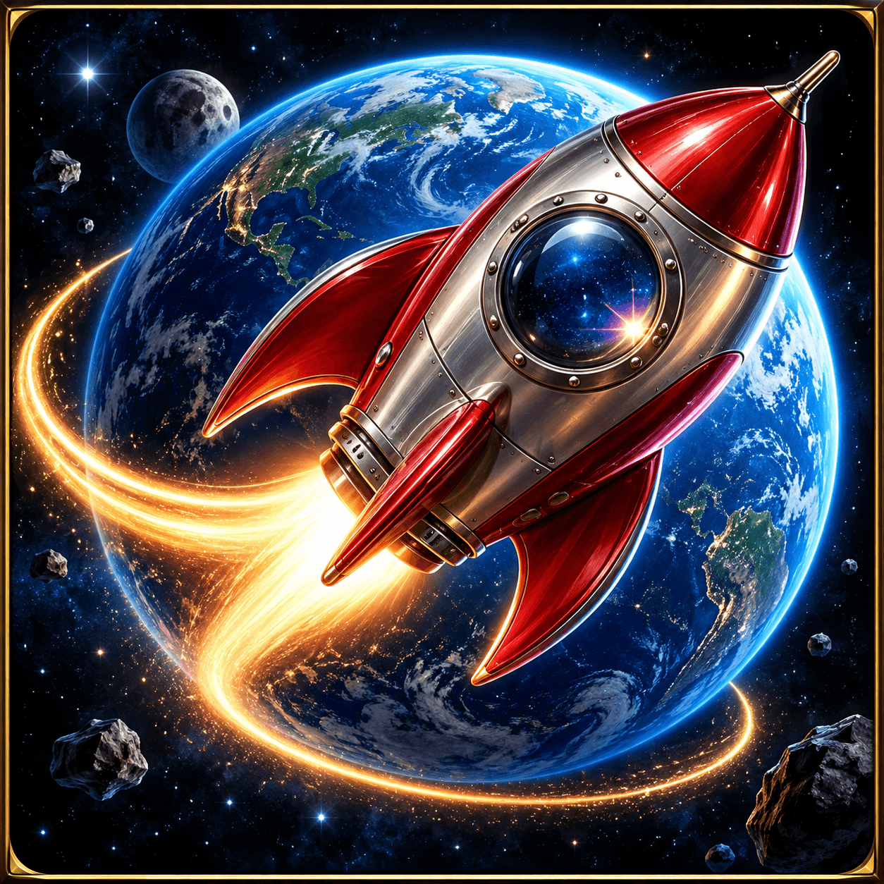 Original illustration: sleek red and silver rocket flying around a blue planet amid stars