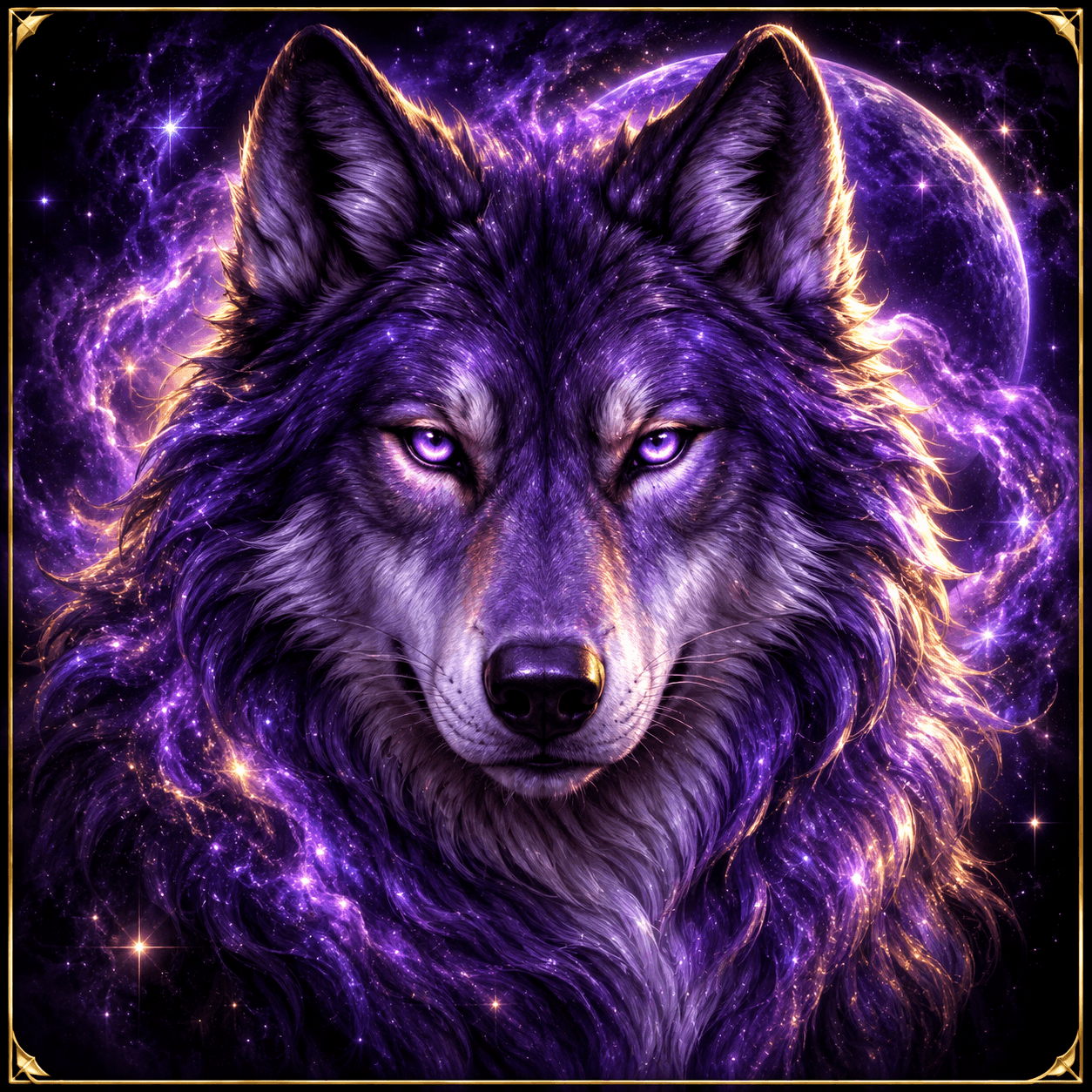 Original illustration: a majestic purple wolf head, starry violet nebula