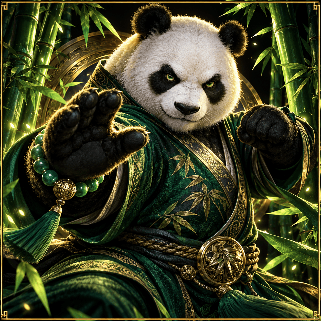 Original illustration: panda martial arts master in dark emerald robe amid luminous bamboo