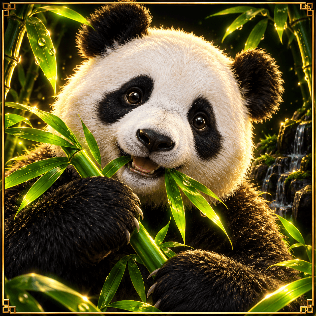 Original illustration: adorable realistic panda portrait with glowing lime bamboo foliage