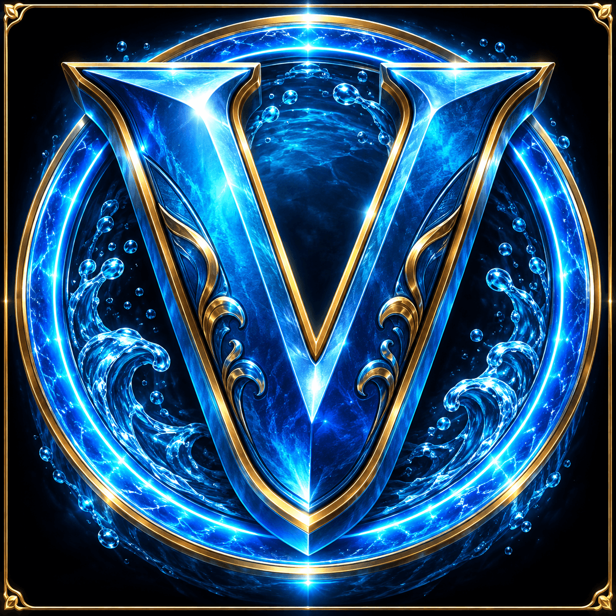 Original illustration: dimensional blue metallic letter V inside luminous electric blue rings