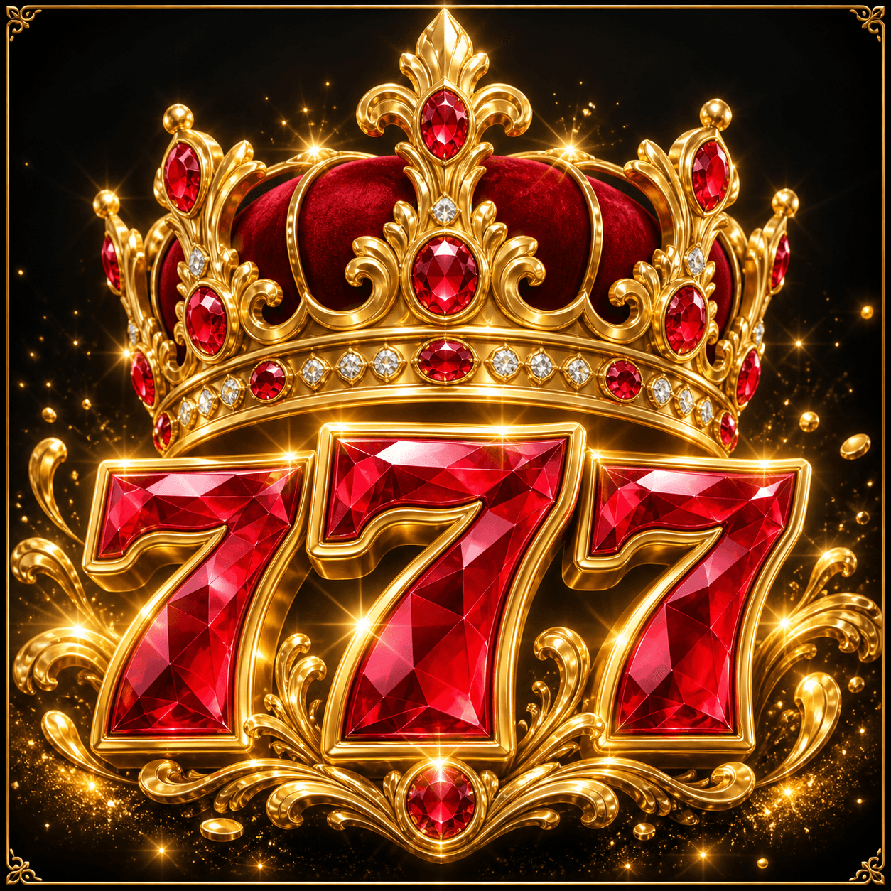 Original illustration: ornate gold crown above three ruby 777 numerals, golden sparkles